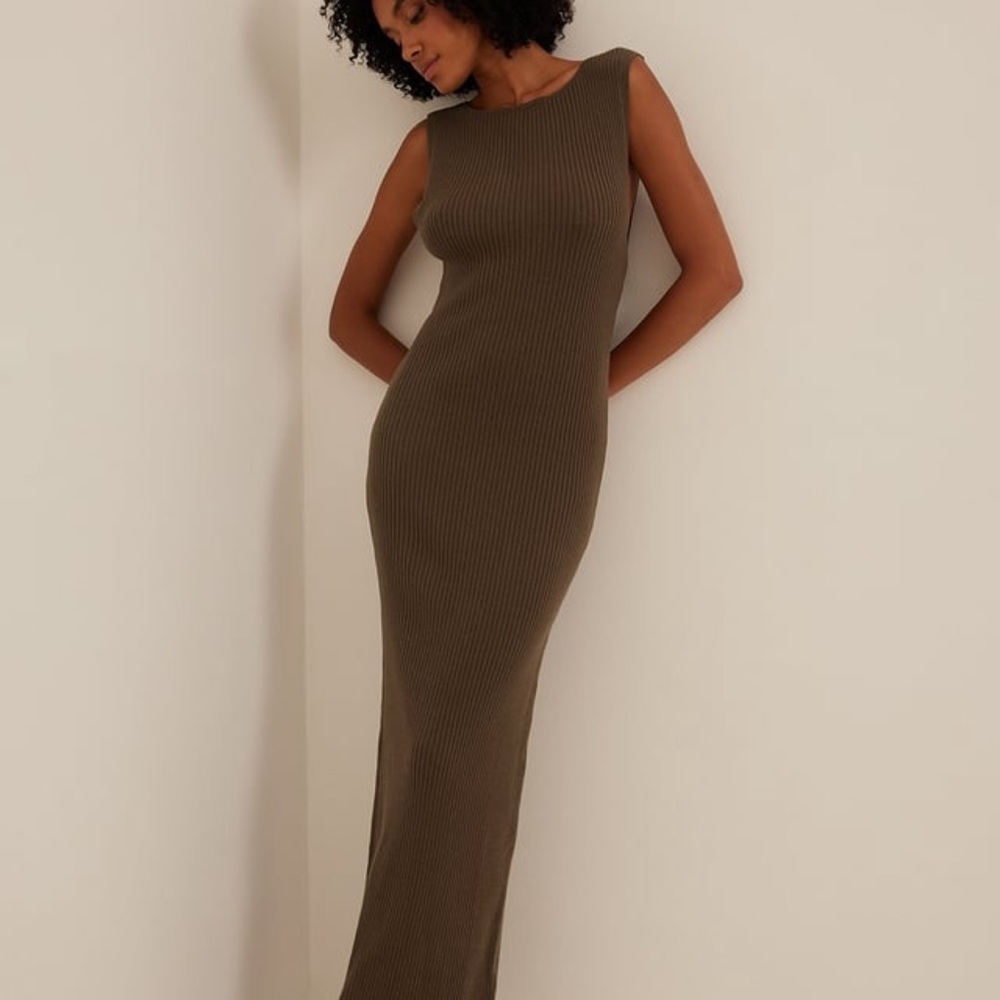 Brown Ribbed Asymmetrical Sheath Maxi Dress